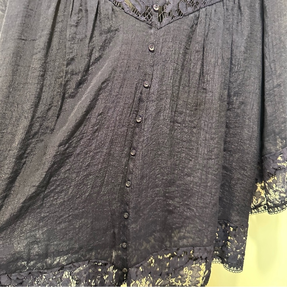 Zac & Rachel Navy Lace Trim Sheer Lightweight Chic 3/4 Sleeve Top Womens Size 1X - Picture 7 of 8
